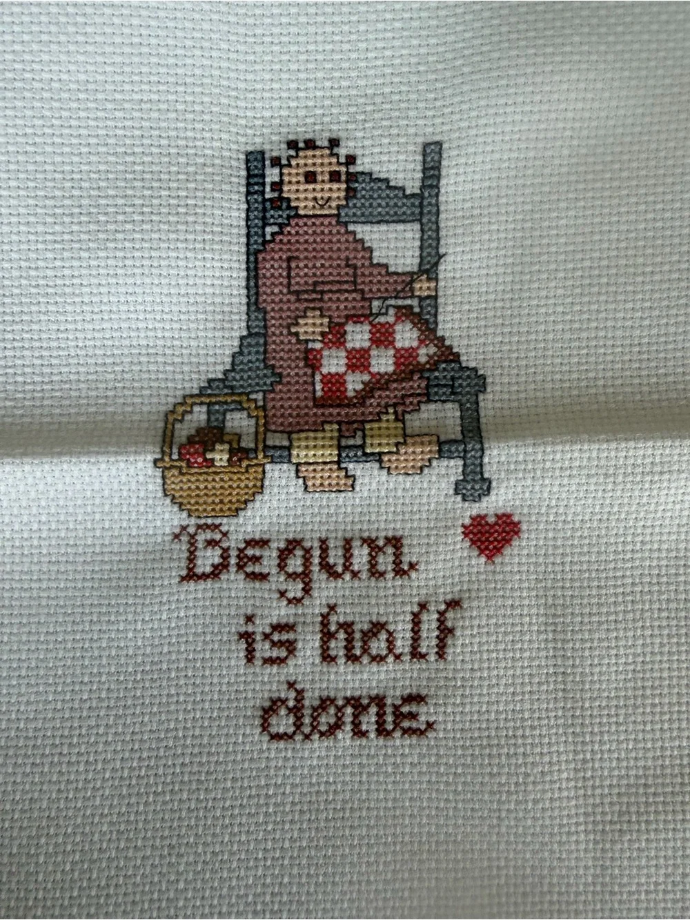Vintage Cross Stitch Home Art Print in Cream, Red, Brown, Blue